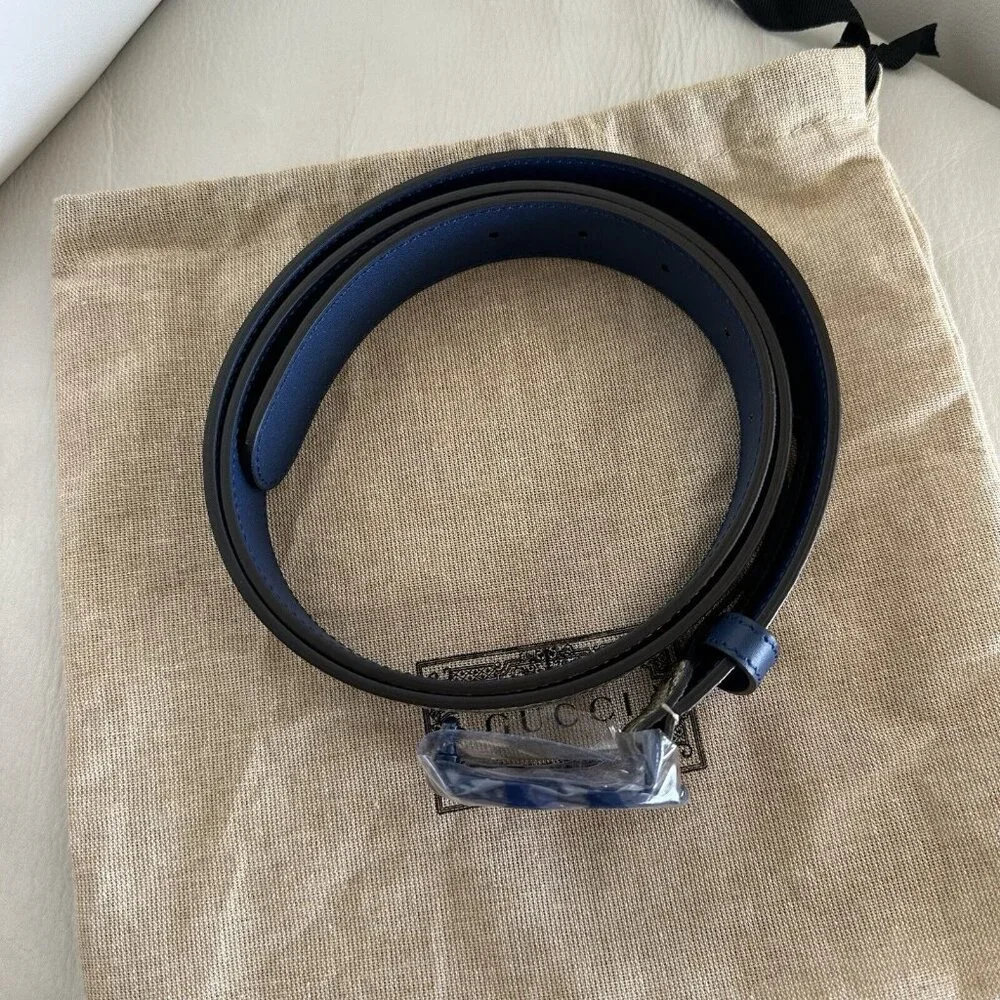New Gucci Belt GG Supreme Monogram Calfskin Enamel 30mm Belt 105 Cm 42 In Blue - Picture 7 of 8